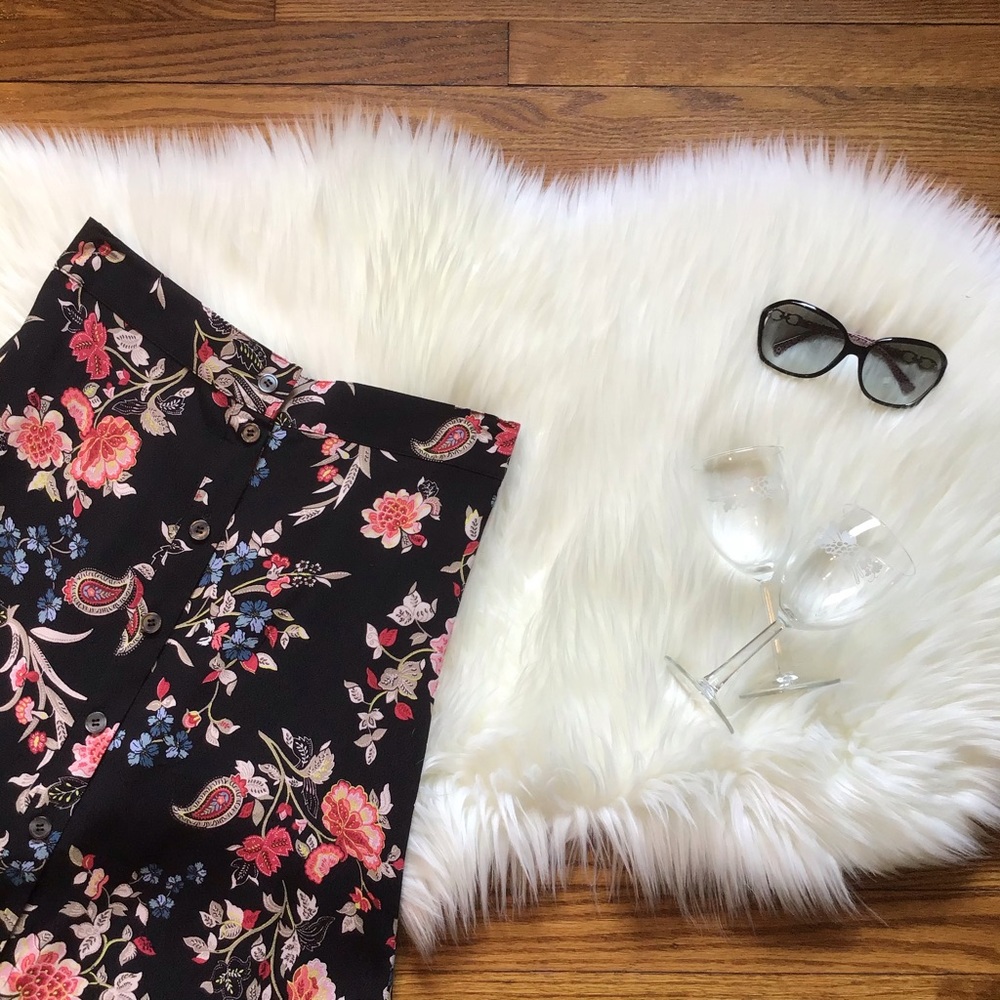 LOFT Button Front Floral Print Midi Skirt